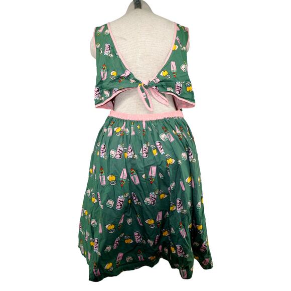 ModCloth Green Drink Print Fit & Flare Dress XL Pink Trim Tie Back Retro Style - Picture 5 of 6